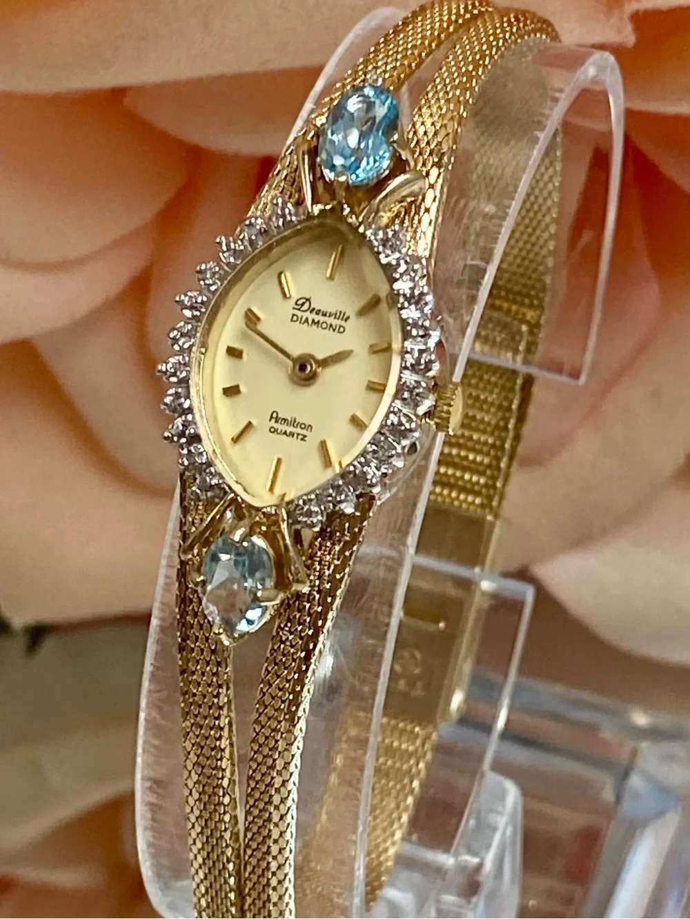 Vintage Deauville Diamond & Blue Topaz Accented Bezel Dainty Cocktail Watch